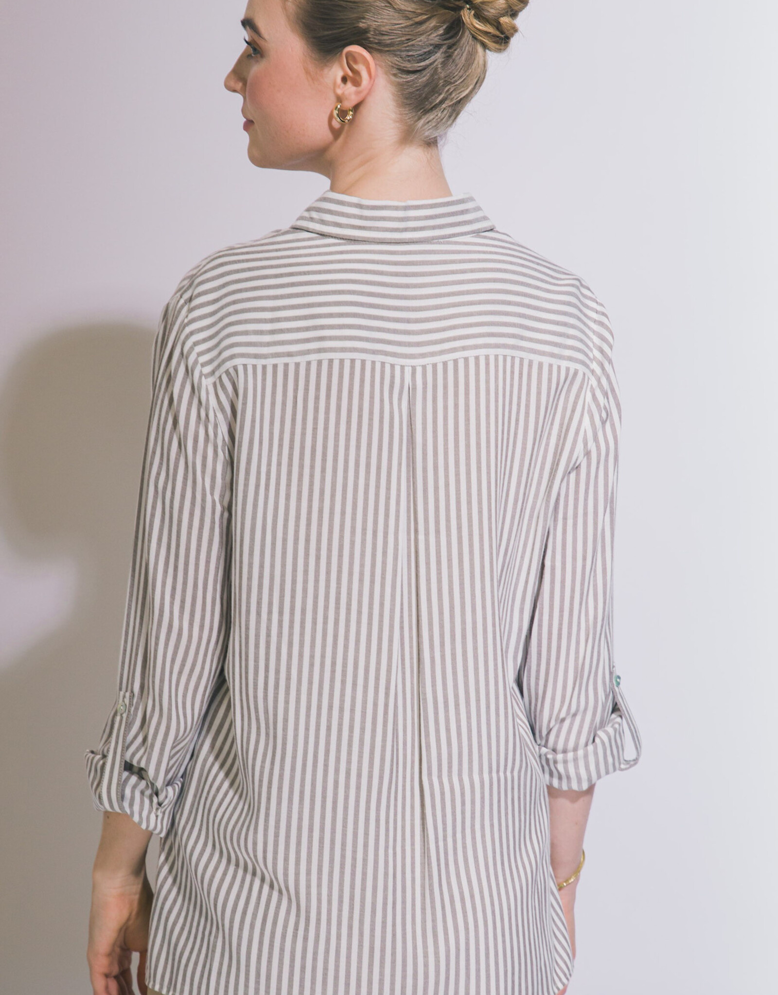 Miss Bliss LT Striped Roll Up Long Sleeve Button Down Shirt  Mocha