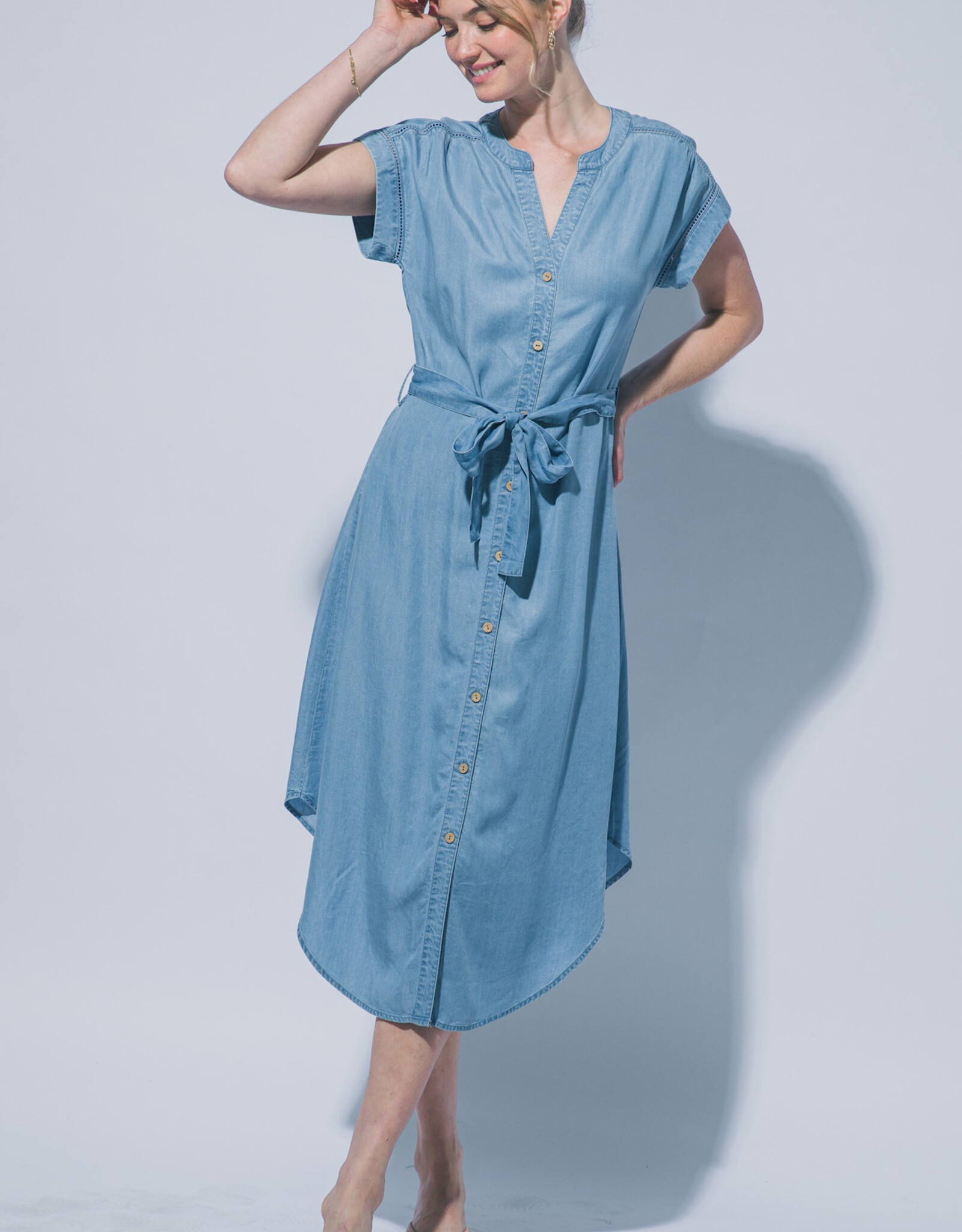 Miss Bliss LT Short Sleeves Belted Chambray Midi Dress
