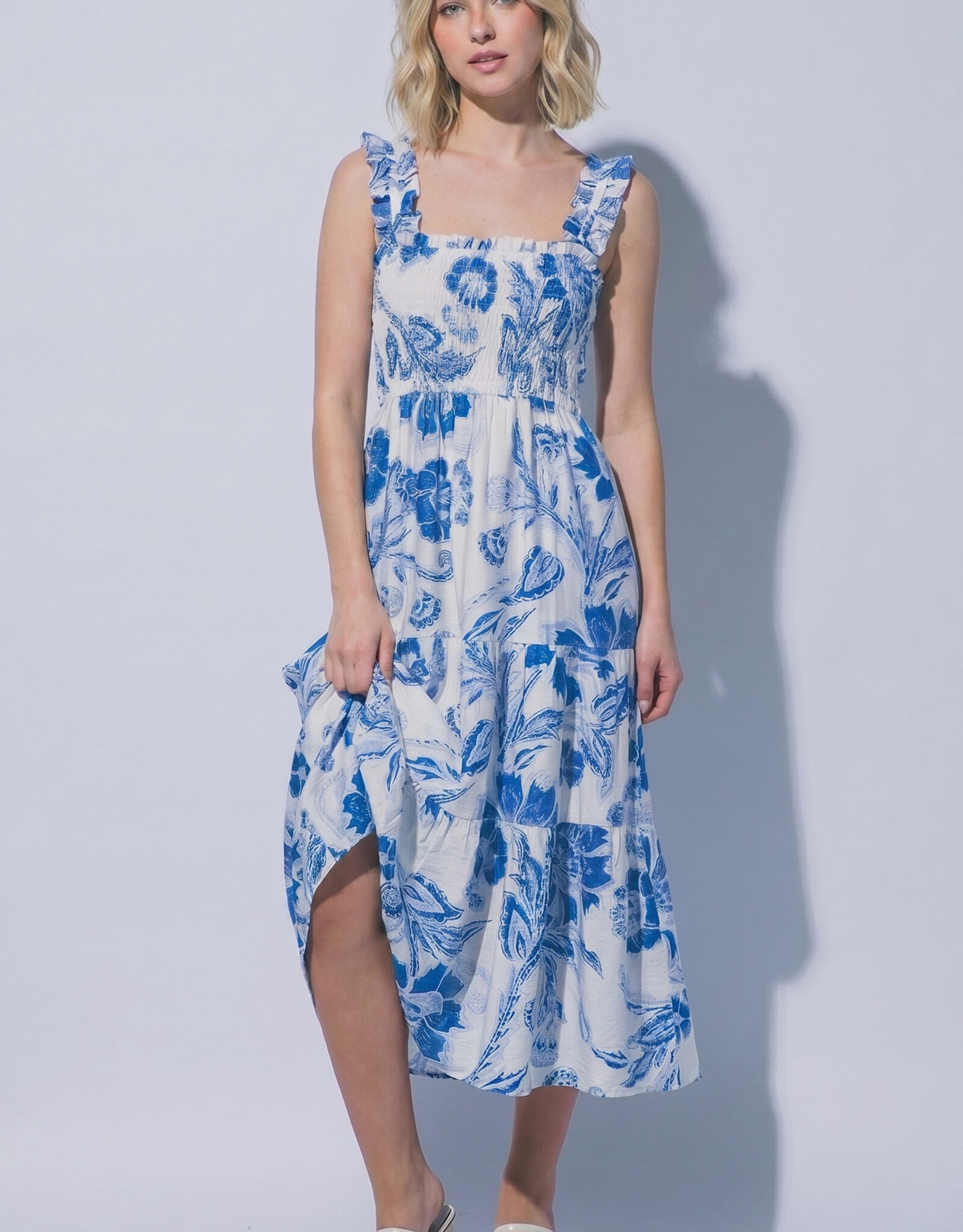 Miss Bliss LT Floral Mid Dress- Blue/White