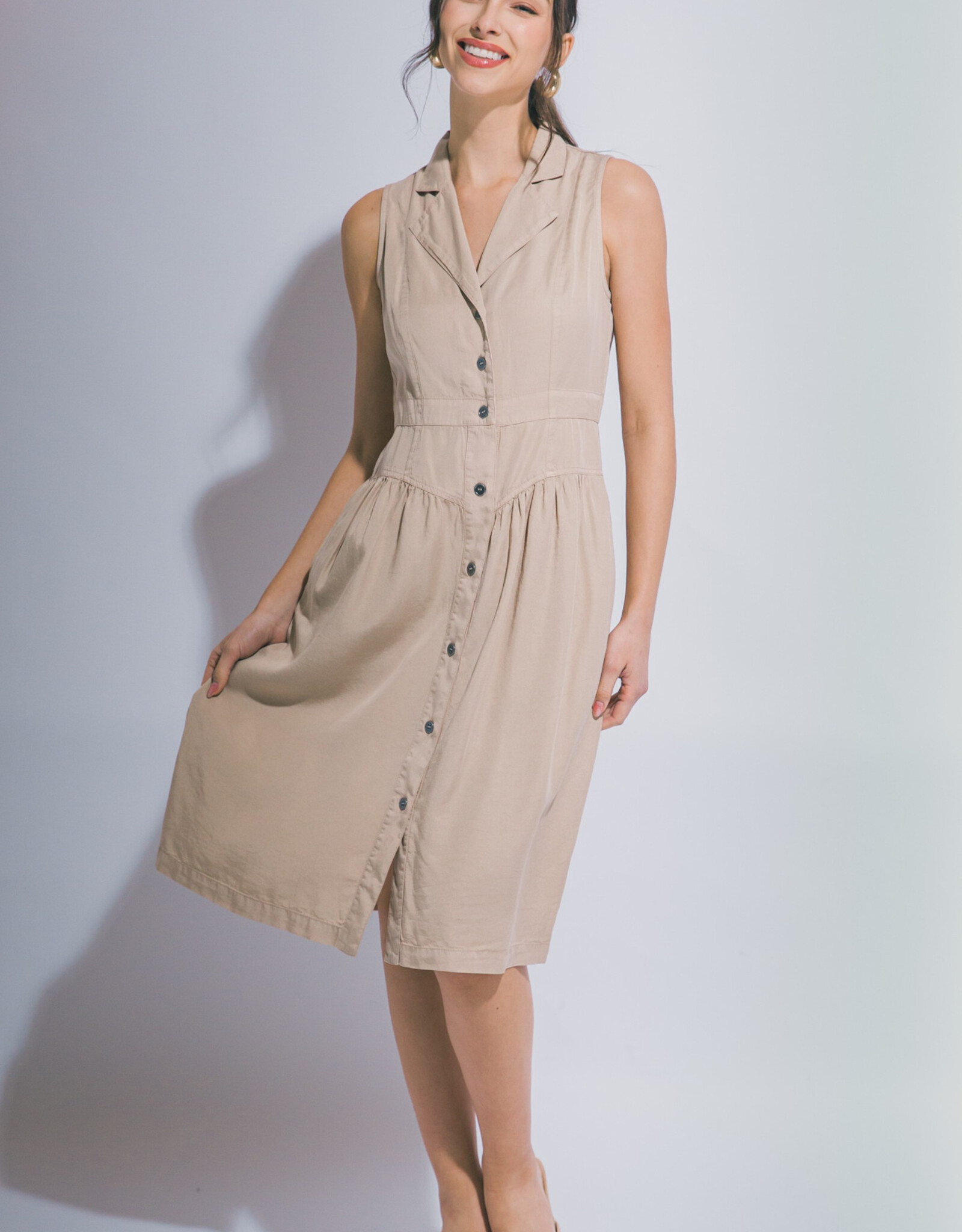 Miss Bliss LT Sleeveless Collared Midi Dress- TAUPE