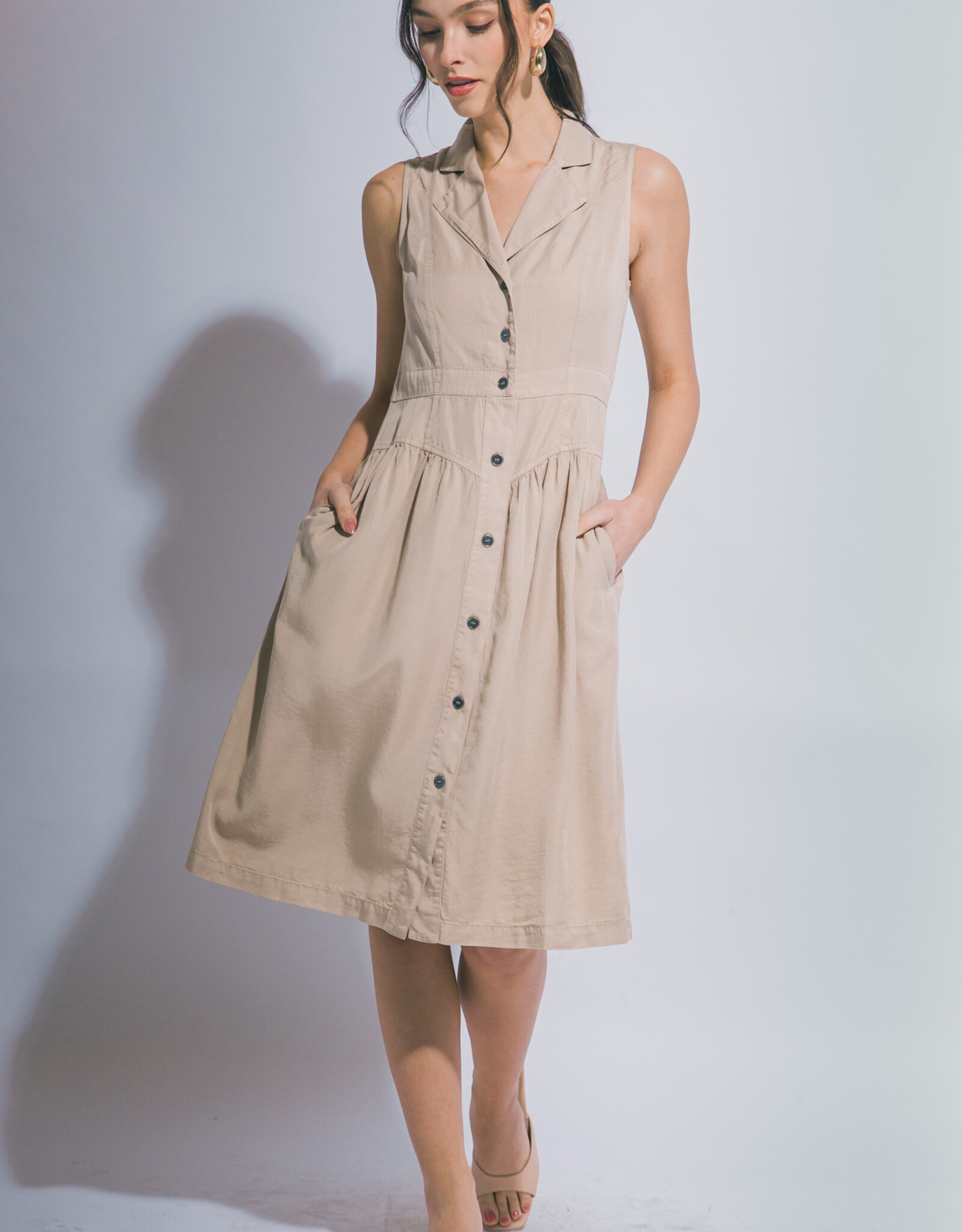 Miss Bliss LT Sleeveless Collared Midi Dress- TAUPE