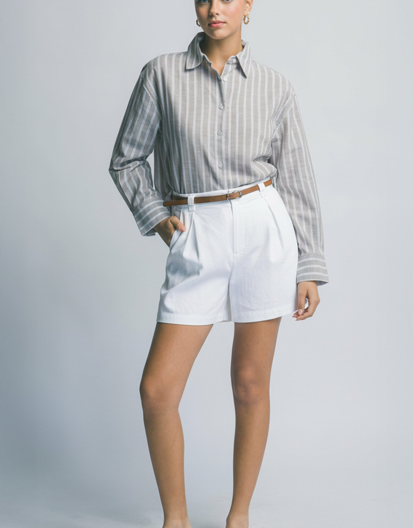 Miss Bliss LT Pleated Linen Shorts W/ Leather Belt WHITE