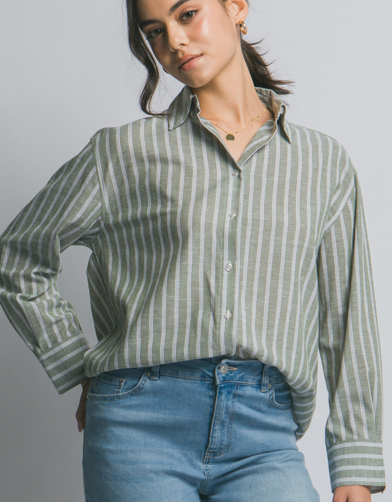 Miss Bliss LT Oversized Striped Button Top Olive
