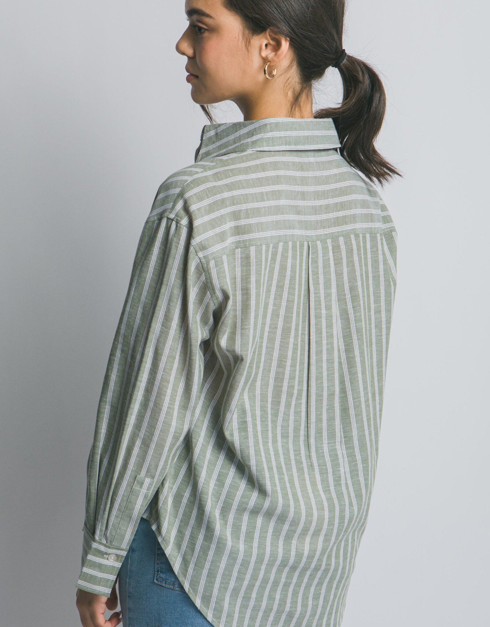 Miss Bliss LT Oversized Striped Button Top Olive