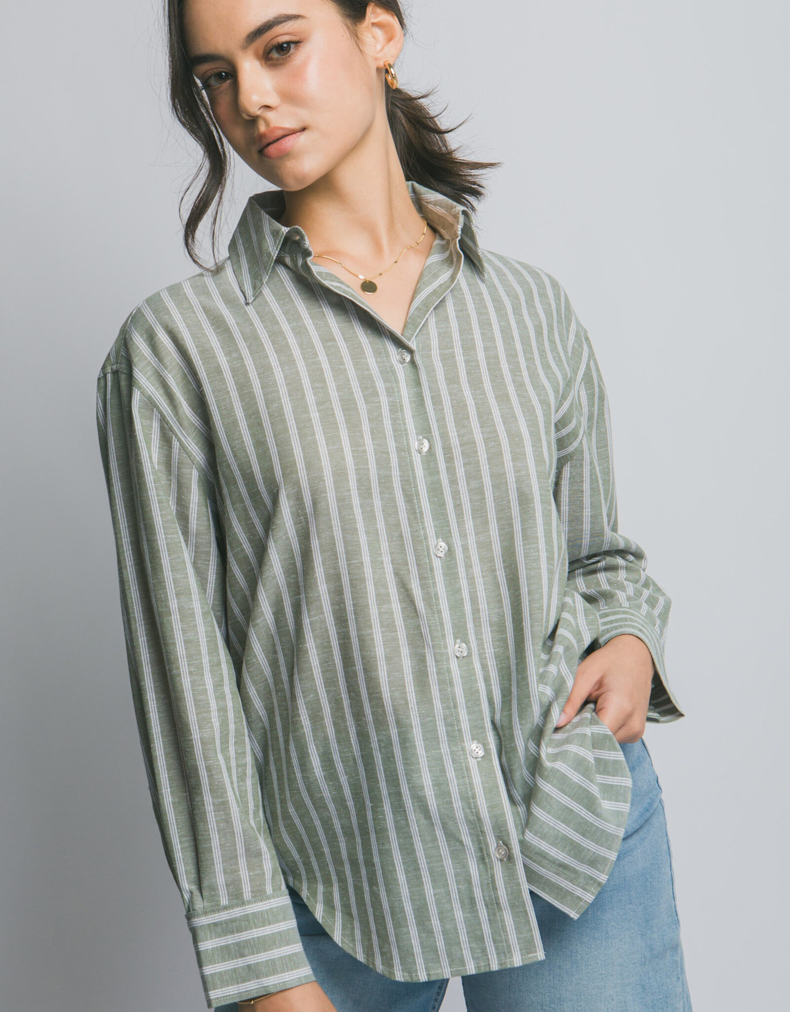 Miss Bliss LT Oversized Striped Button Top Olive