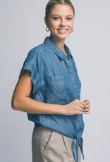 Miss Bliss LT Chambray Denim Short-sleeve Tie-front Shirt