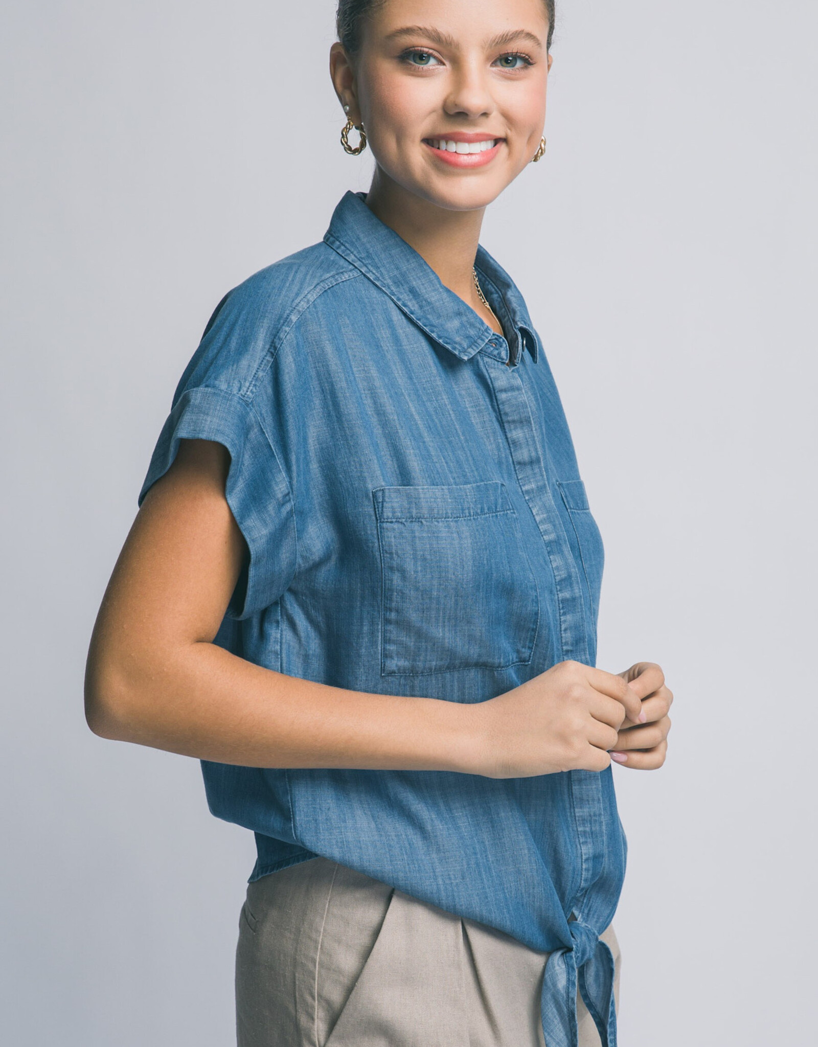 Miss Bliss LT Chambray Denim Short-sleeve Tie-front Shirt