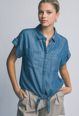 Miss Bliss LT Chambray Denim Short-sleeve Tie-front Shirt