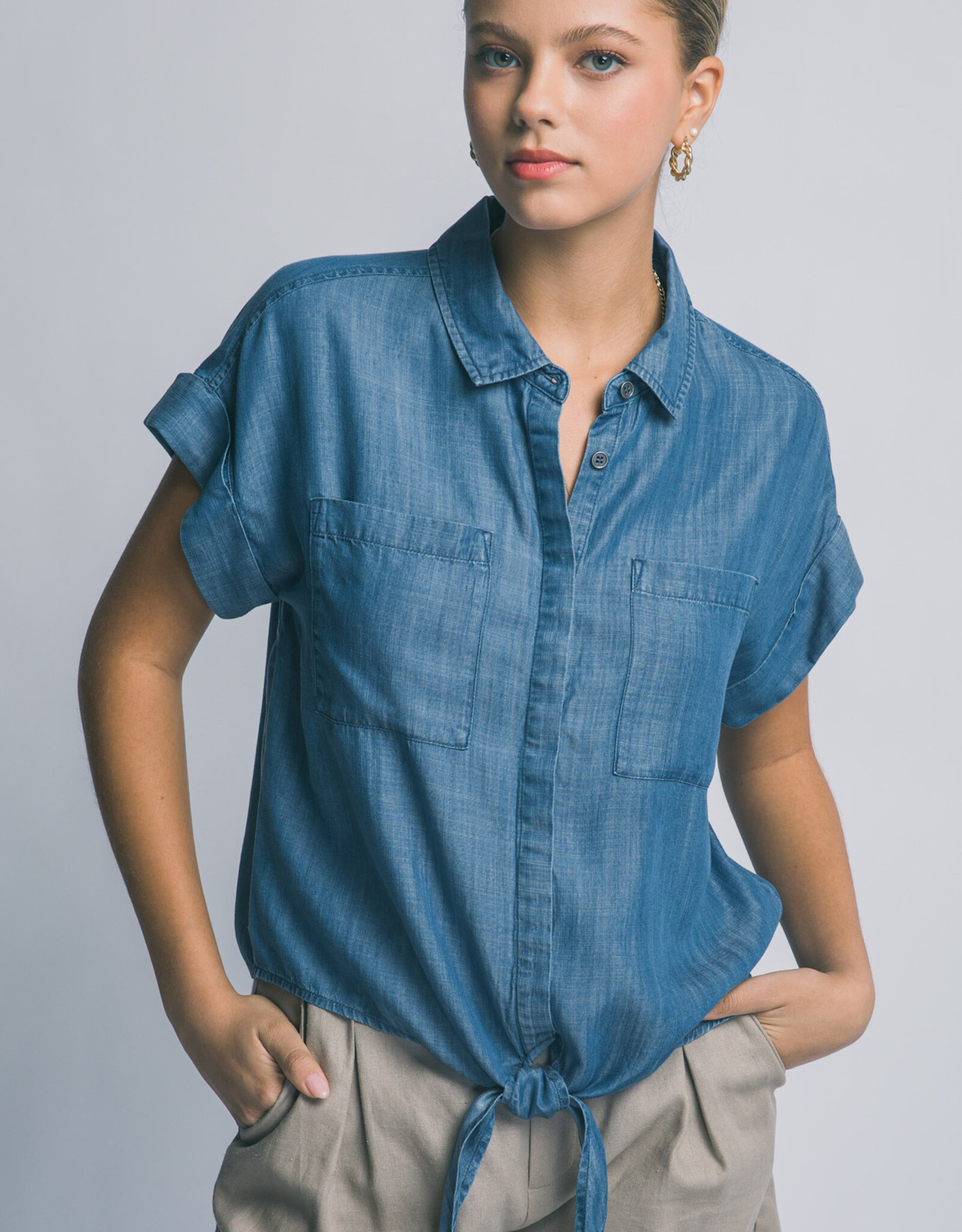 Miss Bliss LT Chambray Denim Short-sleeve Tie-front Shirt
