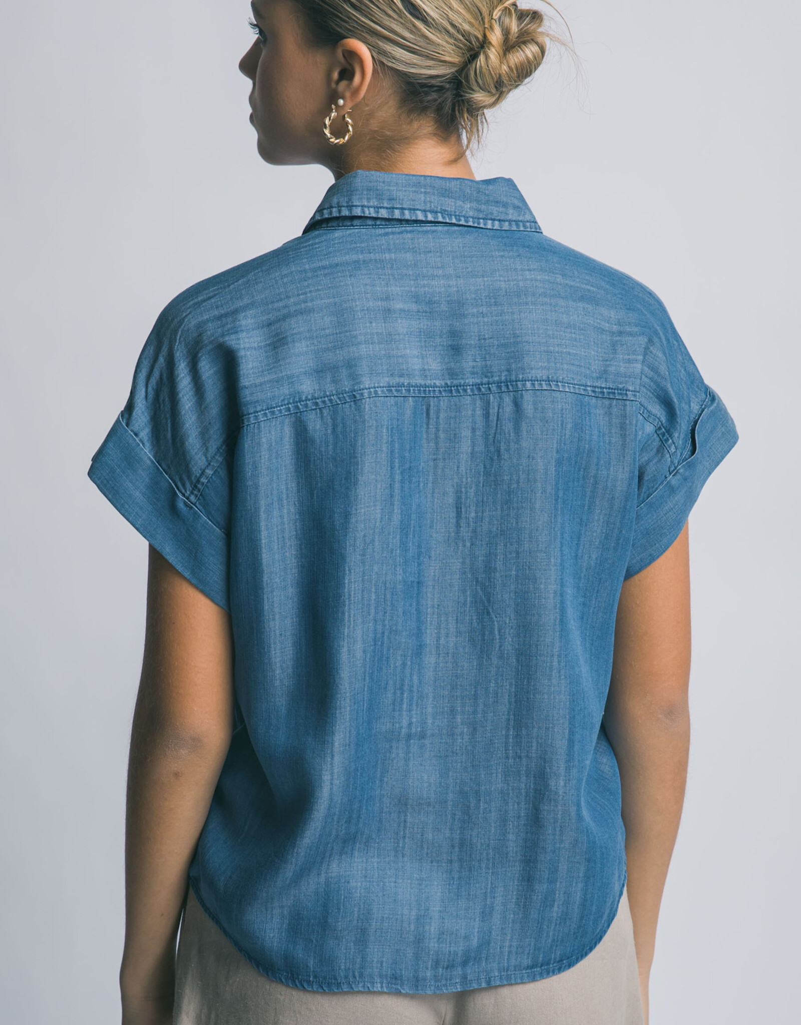 Miss Bliss LT Chambray Denim Short-sleeve Tie-front Shirt