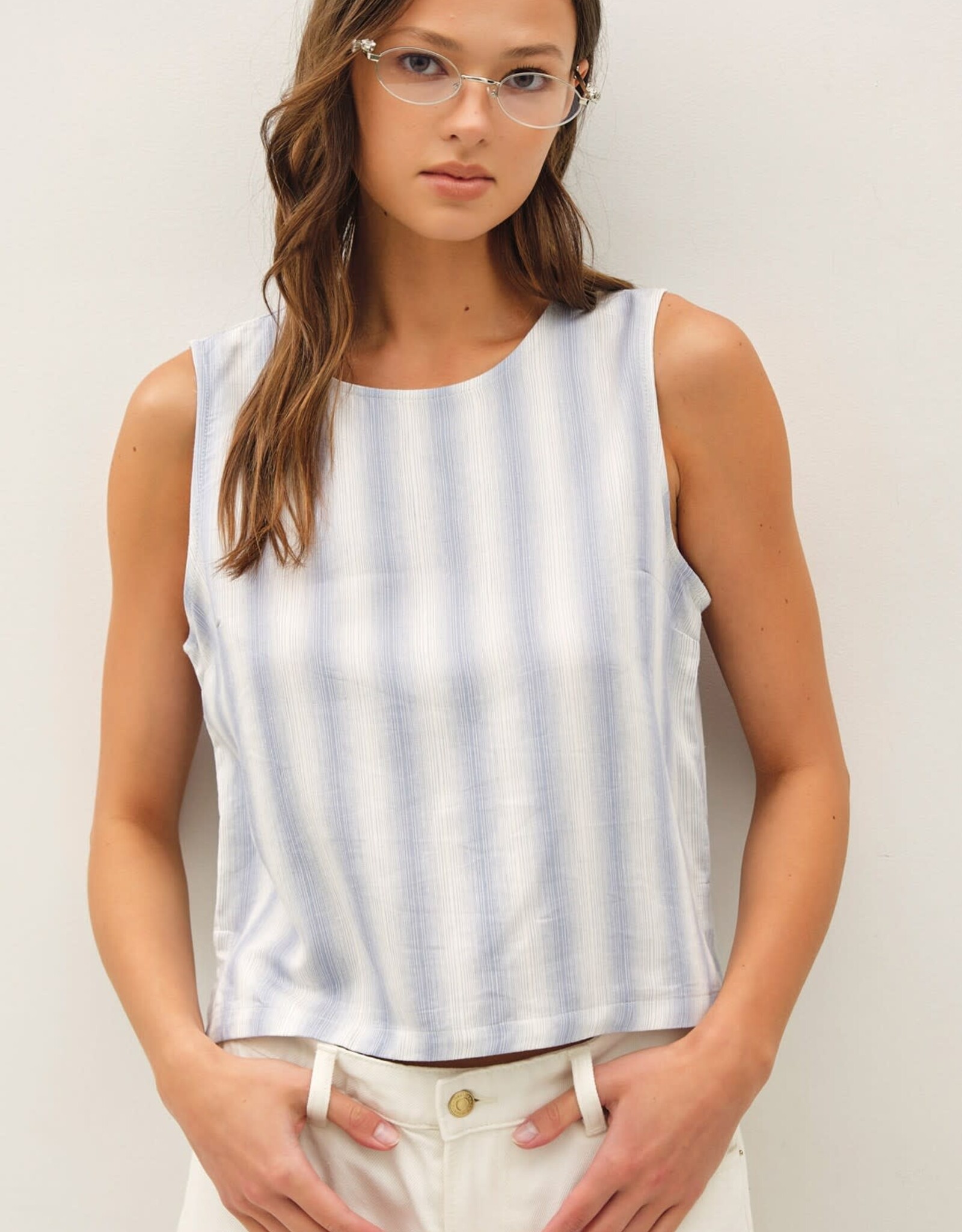 Miss Bliss BC Linen Blended Ombre Striped Sleeveless Top- Chambray