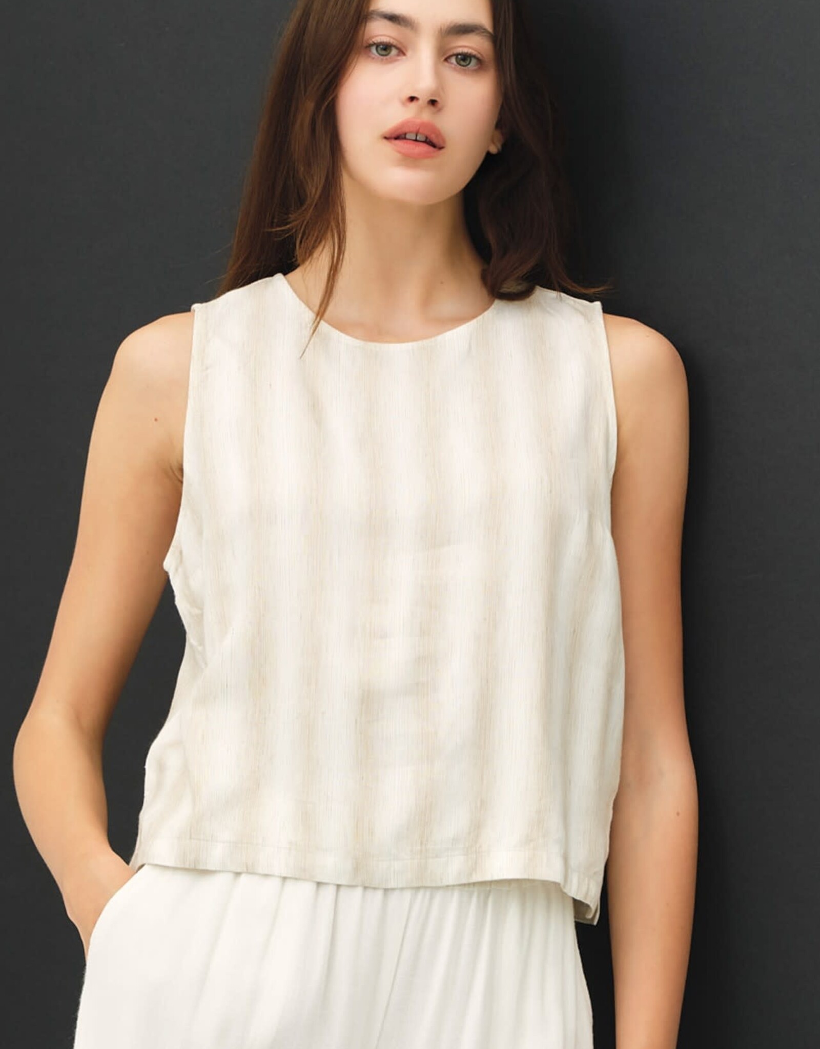Miss Bliss BC Linen Blended Ombre Striped Sleeveless Top- Natural