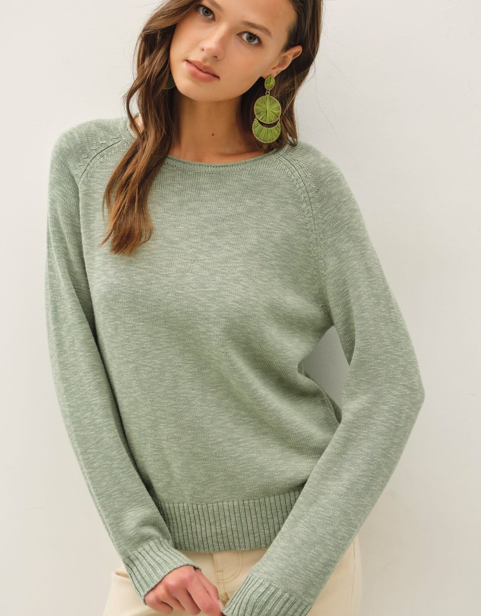Miss Bliss BC Raglan Sleeve Slub Pullover Sweater- Sage