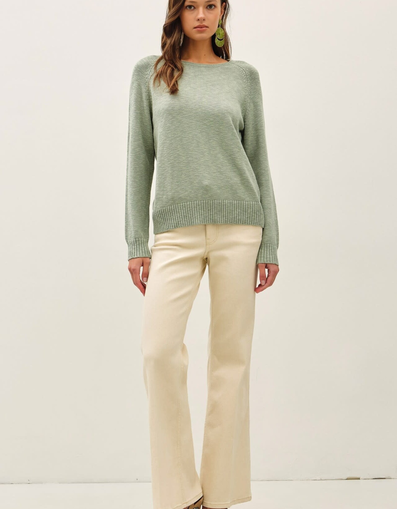 Miss Bliss BC Raglan Sleeve Slub Pullover Sweater- Sage