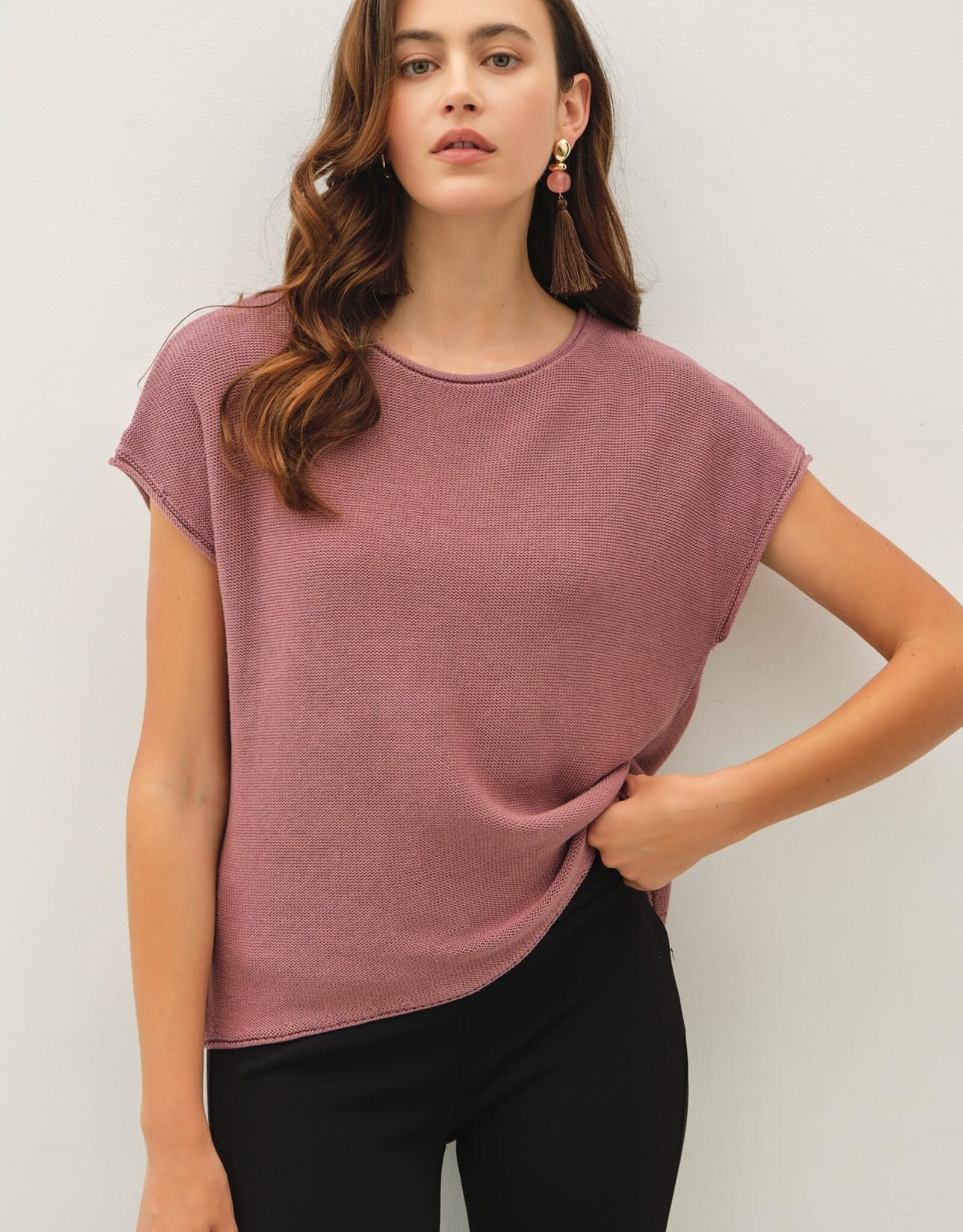 BC Boxy Short Sleeve Sweater w/Raw Seam-Mauve