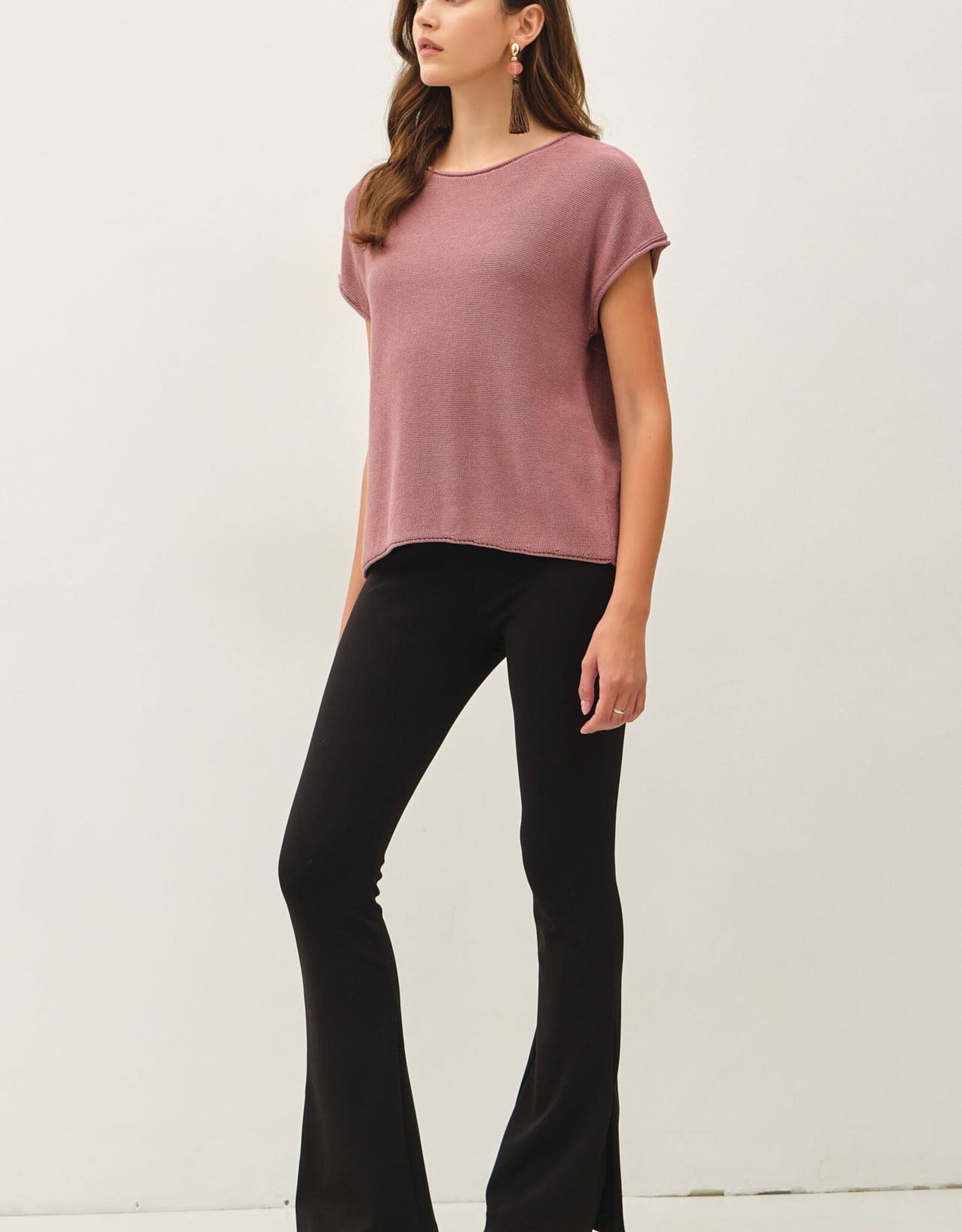 BC Boxy Short Sleeve Sweater w/Raw Seam-Mauve