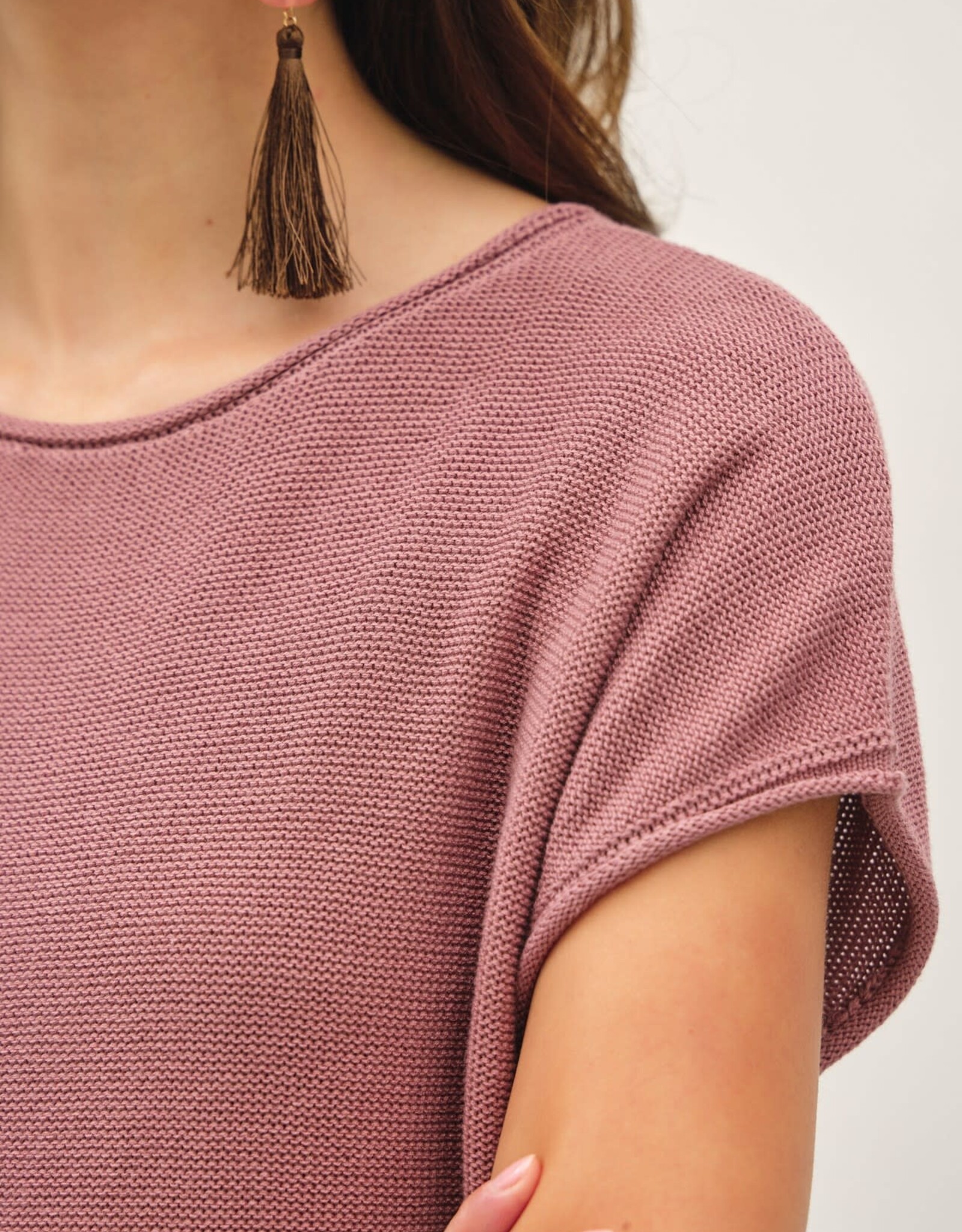BC Boxy Short Sleeve Sweater w/Raw Seam-Mauve