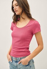 Miss Bliss BC Lace Trimed Ribbed Scoop Neck Shortsleeve Top- Orchid