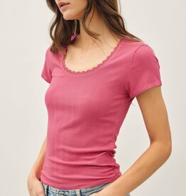 Miss Bliss Lace Trim Ribbed Scoop Neck Top- Orchid