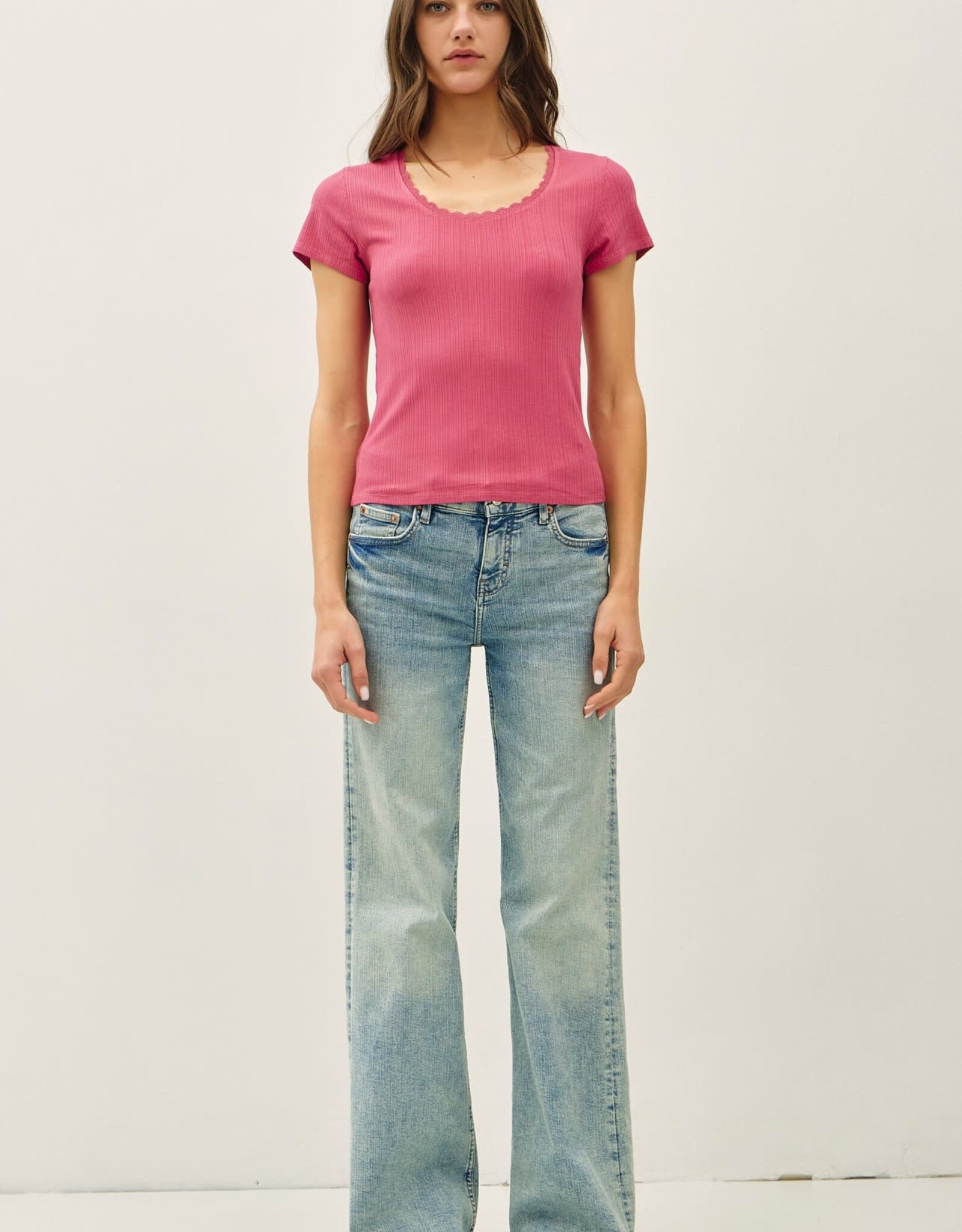 Miss Bliss BC Lace Trimed Ribbed Scoop Neck Shortsleeve Top- Orchid