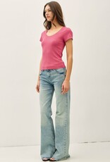 Miss Bliss BC Lace Trimed Ribbed Scoop Neck Shortsleeve Top- Orchid