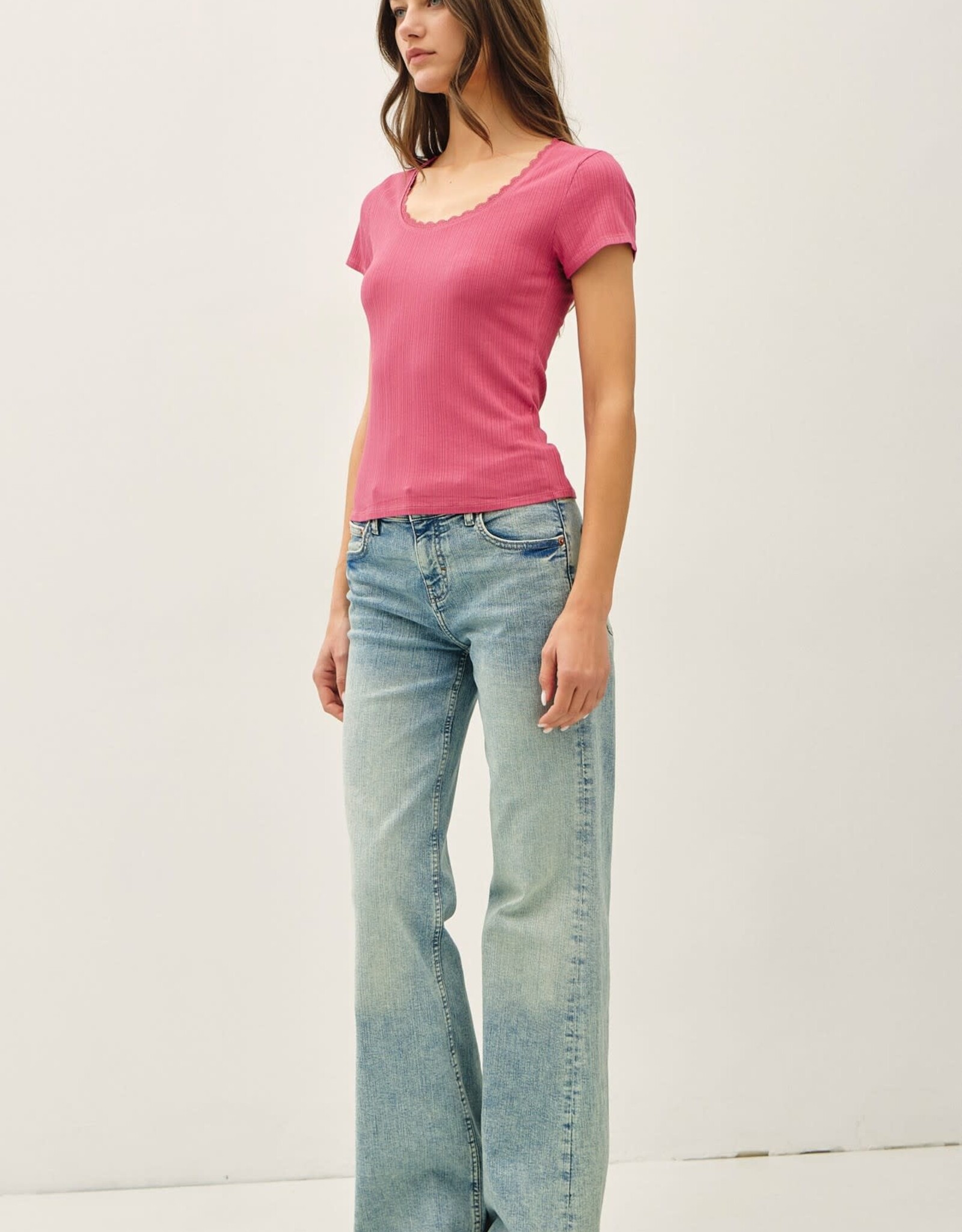 Miss Bliss BC Lace Trimed Ribbed Scoop Neck Shortsleeve Top- Orchid
