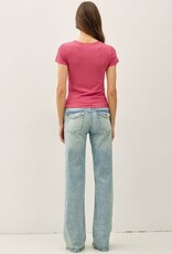 Miss Bliss BC Lace Trimed Ribbed Scoop Neck Shortsleeve Top- Orchid