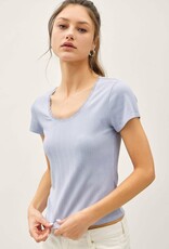 Miss Bliss BC Lace Trimed Ribbed Scoop Neck Shortsleeve Top- Sky Blue