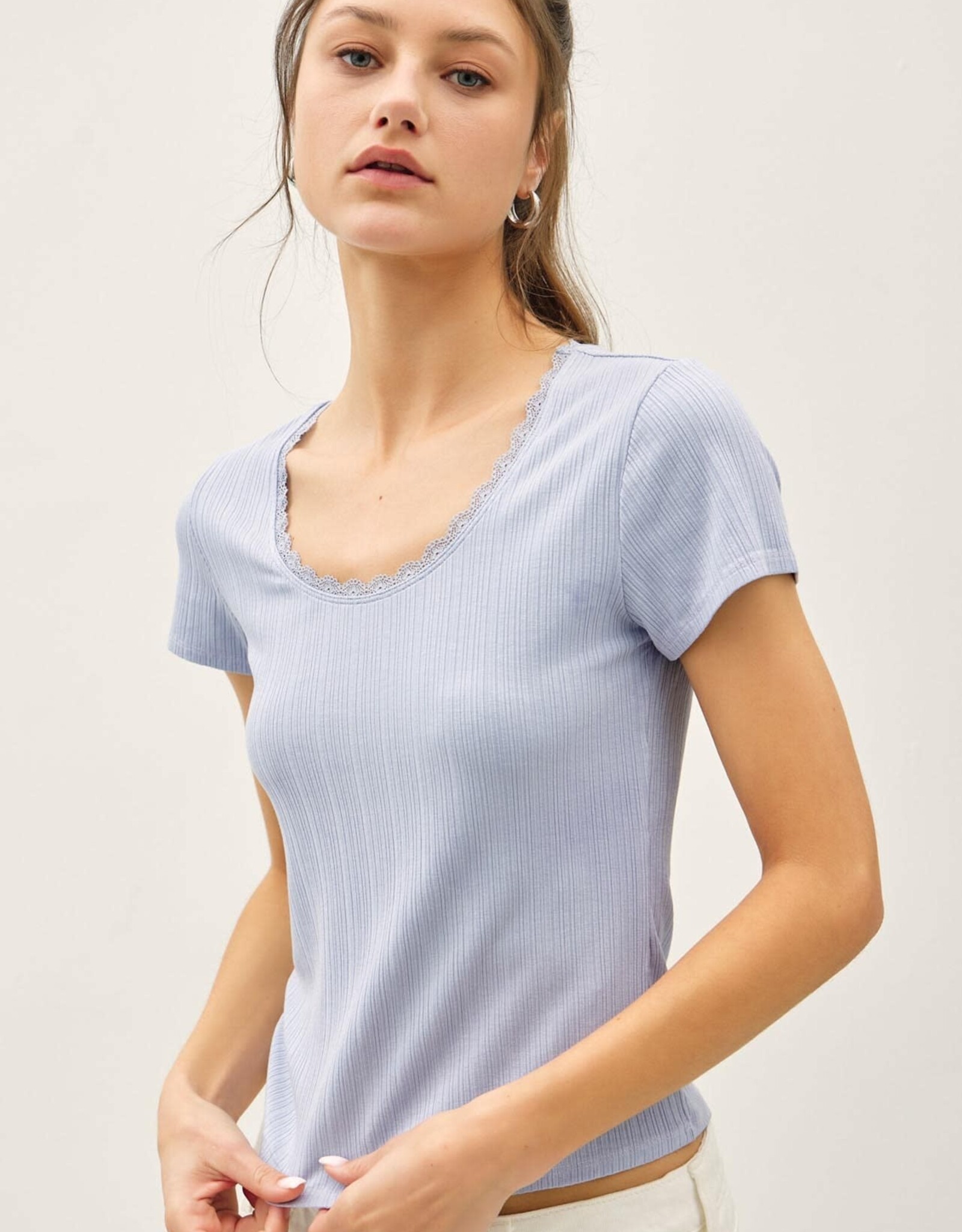 Miss Bliss BC Lace Trimed Ribbed Scoop Neck Shortsleeve Top- Sky Blue