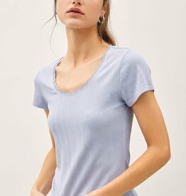 Miss Bliss Lace Trim Ribbed Scoop Neck Top- Sky Blue