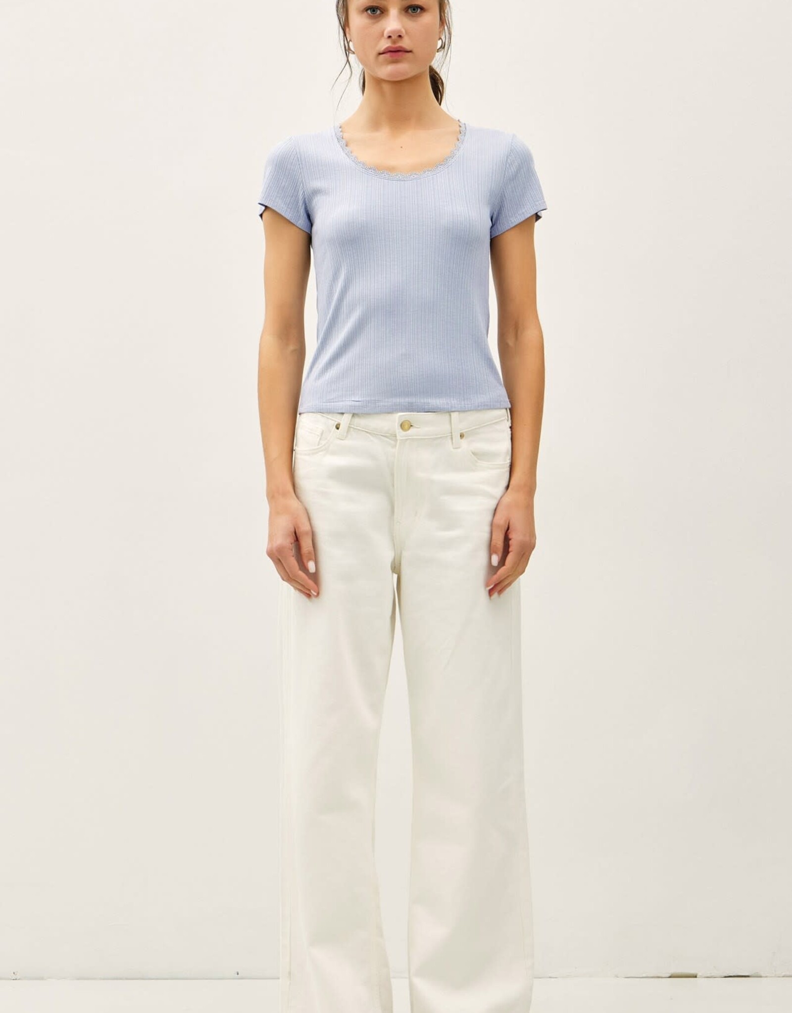 Miss Bliss BC Lace Trimed Ribbed Scoop Neck Shortsleeve Top- Sky Blue