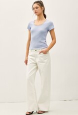 Miss Bliss BC Lace Trimed Ribbed Scoop Neck Shortsleeve Top- Sky Blue