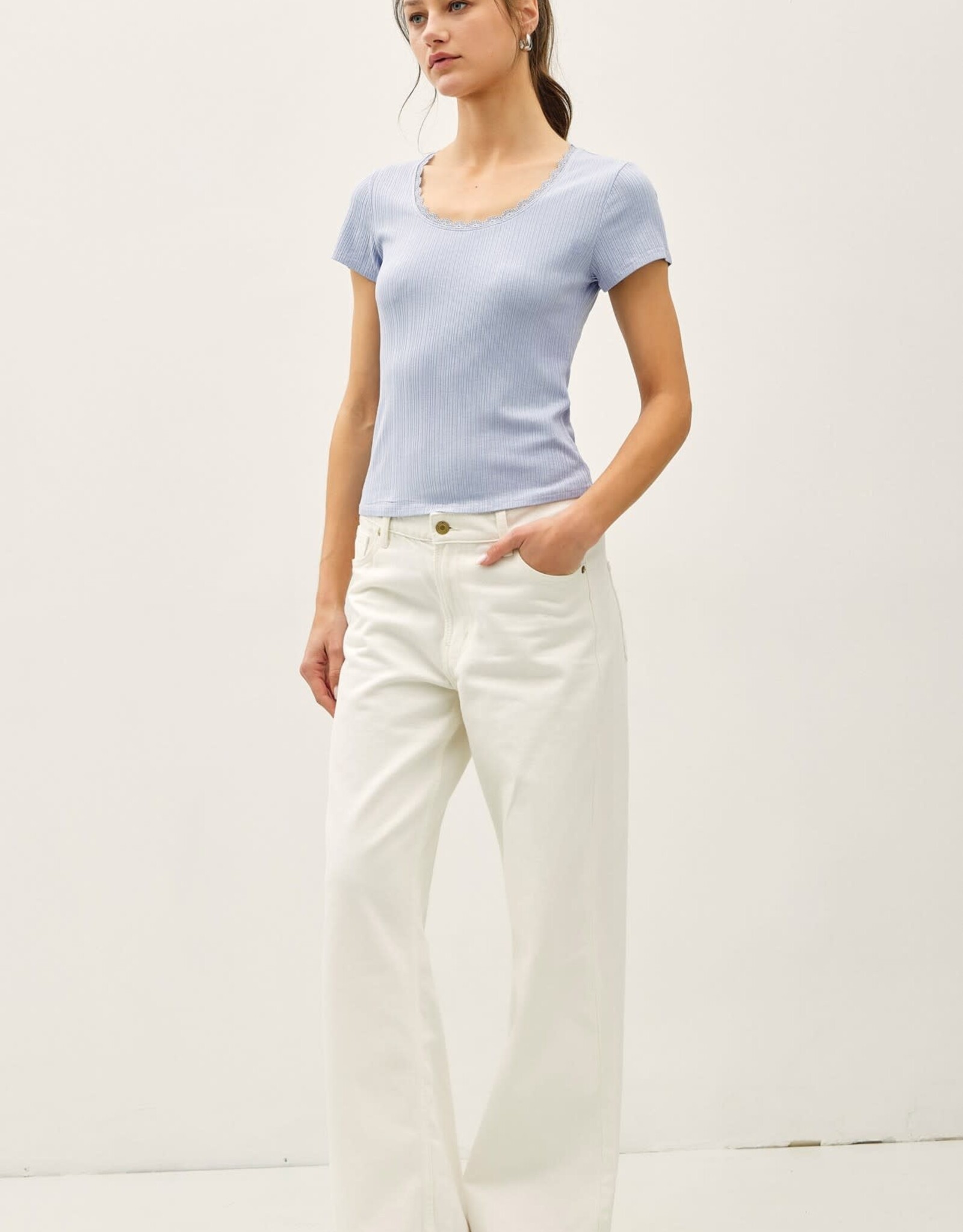 Miss Bliss BC Lace Trimed Ribbed Scoop Neck Shortsleeve Top- Sky Blue