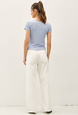 Miss Bliss BC Lace Trimed Ribbed Scoop Neck Shortsleeve Top- Sky Blue
