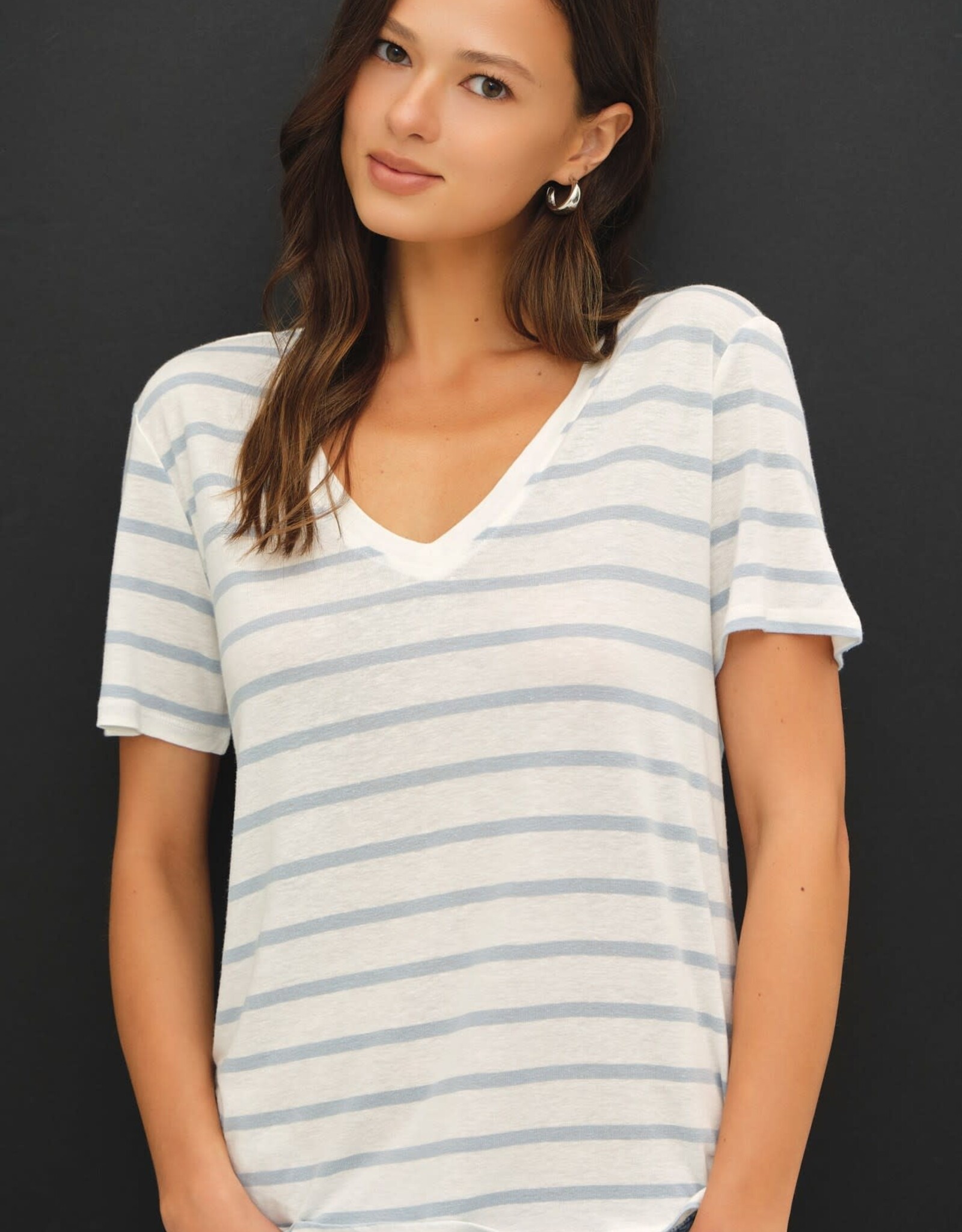 Miss Bliss BC Cotton Linen Blend Relaxed Fit Striped T-shirt- Chambray