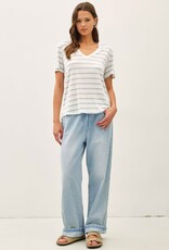 Miss Bliss BC Cotton Linen Blend Relaxed Fit Striped T-shirt- Chambray