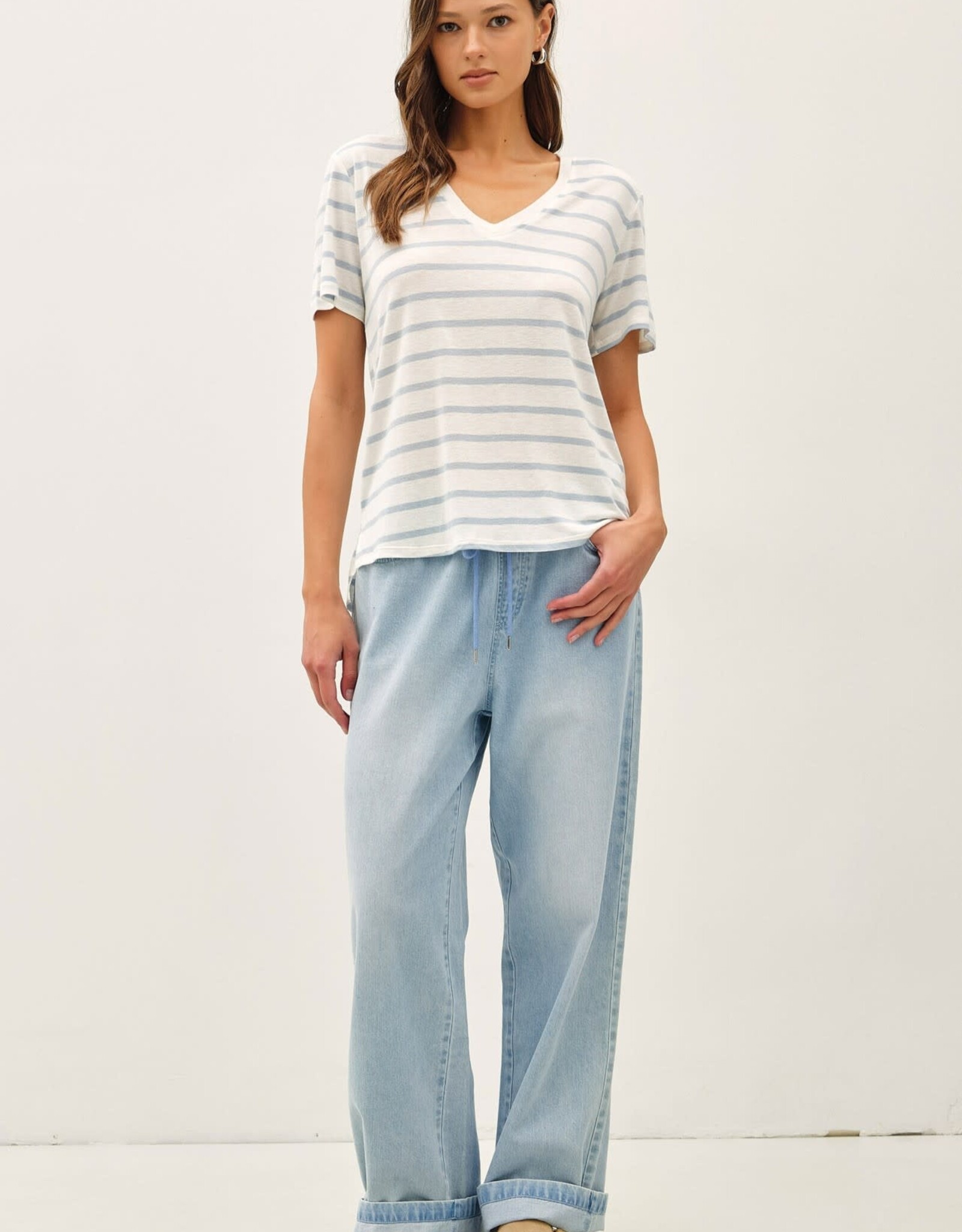 Miss Bliss BC Cotton Linen Blend Relaxed Fit Striped T-shirt- Chambray