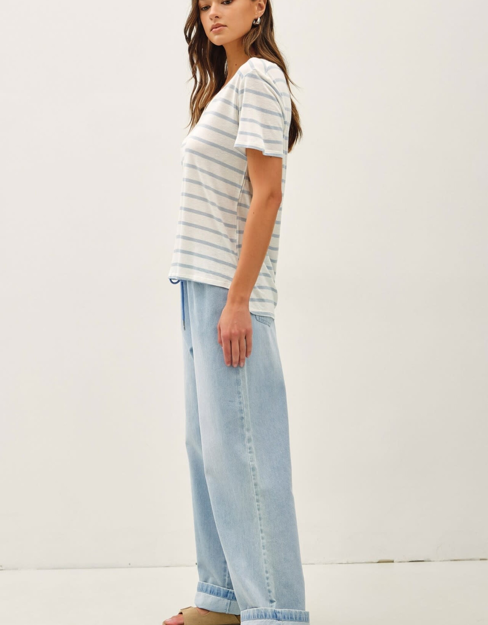 Miss Bliss BC Cotton Linen Blend Relaxed Fit Striped T-shirt- Chambray