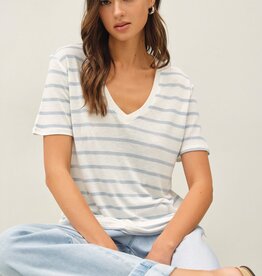 Miss Bliss Cotton Linen Blend Relax Fit Striped T Shirt-Chambray