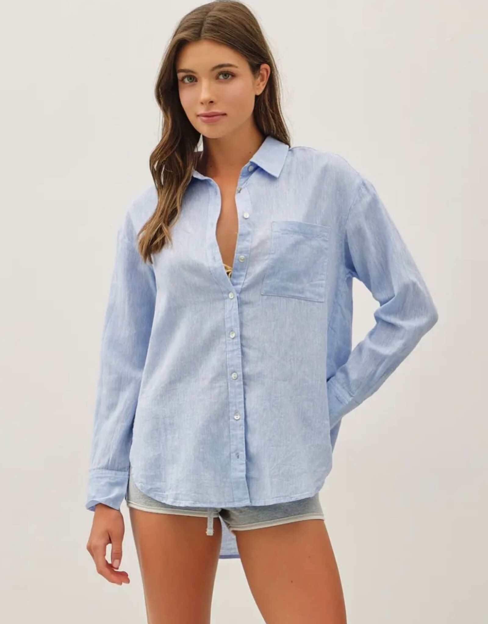 Miss Bliss BC Cotton Linen Blend Long Sleeve Button Up Shirt- Chambray