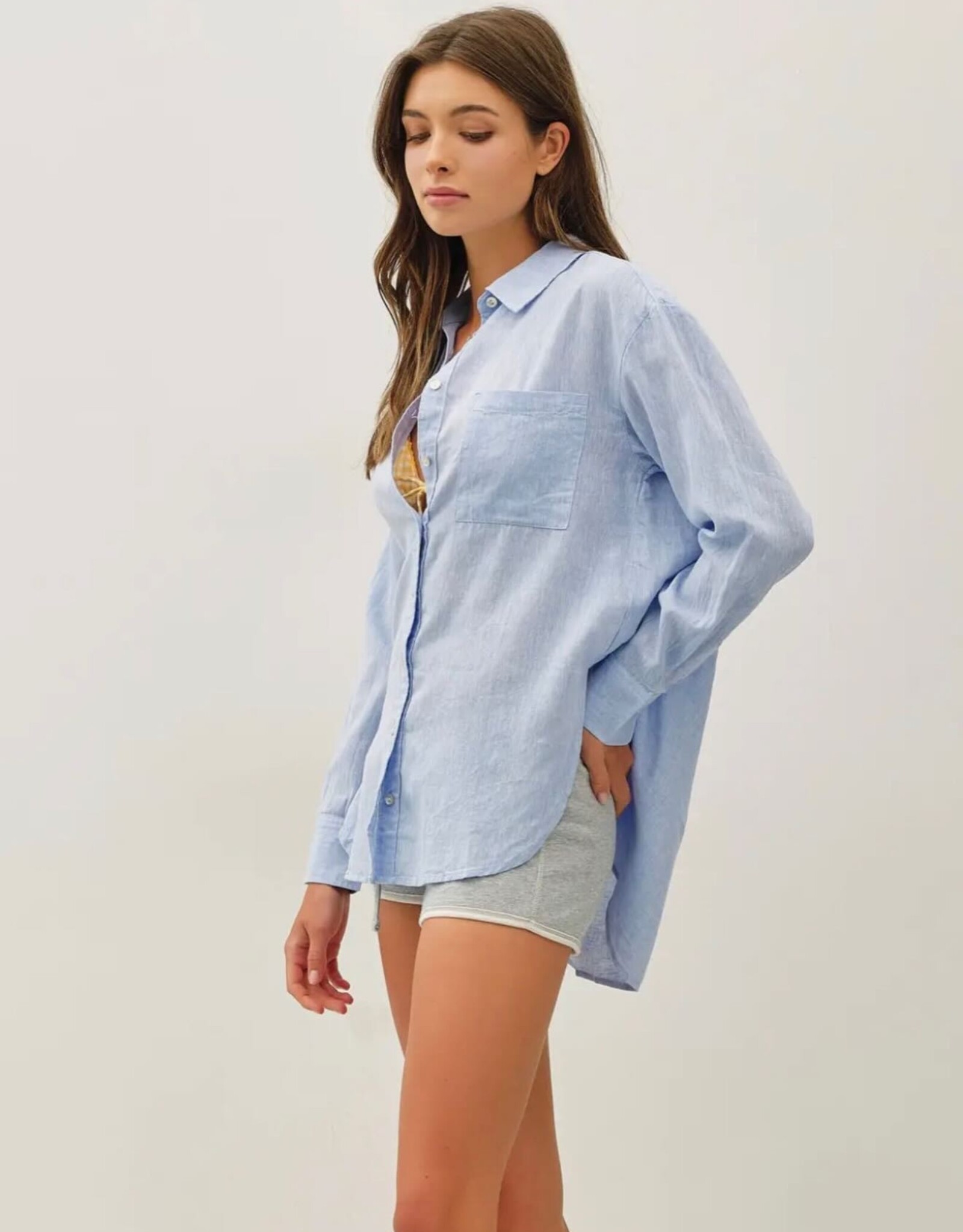 Miss Bliss BC Cotton Linen Blend Long Sleeve Button Up Shirt- Chambray
