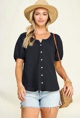Miss Bliss CC Short Puff Sleeve Button Up Blouse- Black