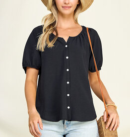 Miss Bliss Puff Sleeve Button Up Blouse- Black
