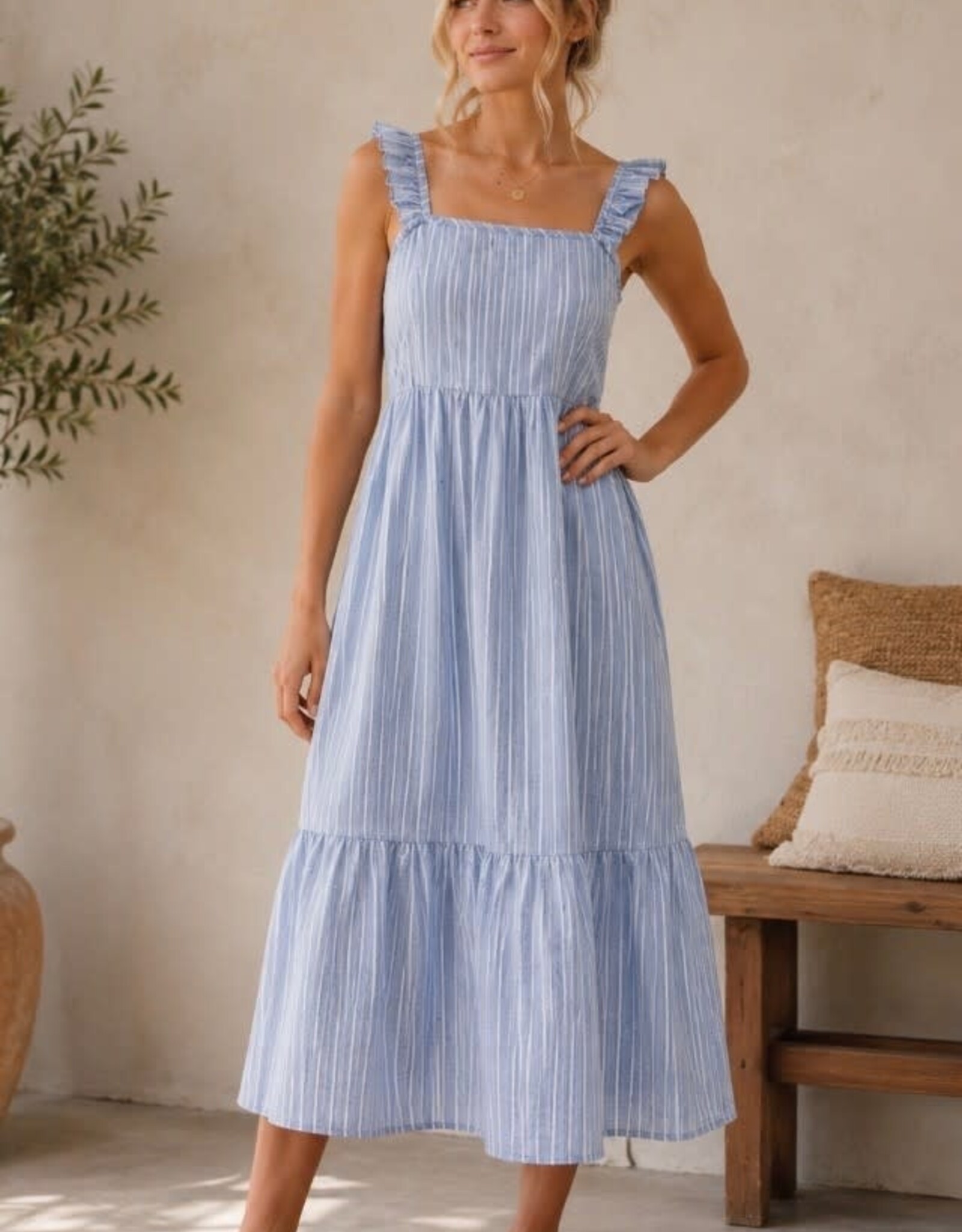 Miss Bliss CC Effortless Stripe Midi Dress With Pockets-Blue/White