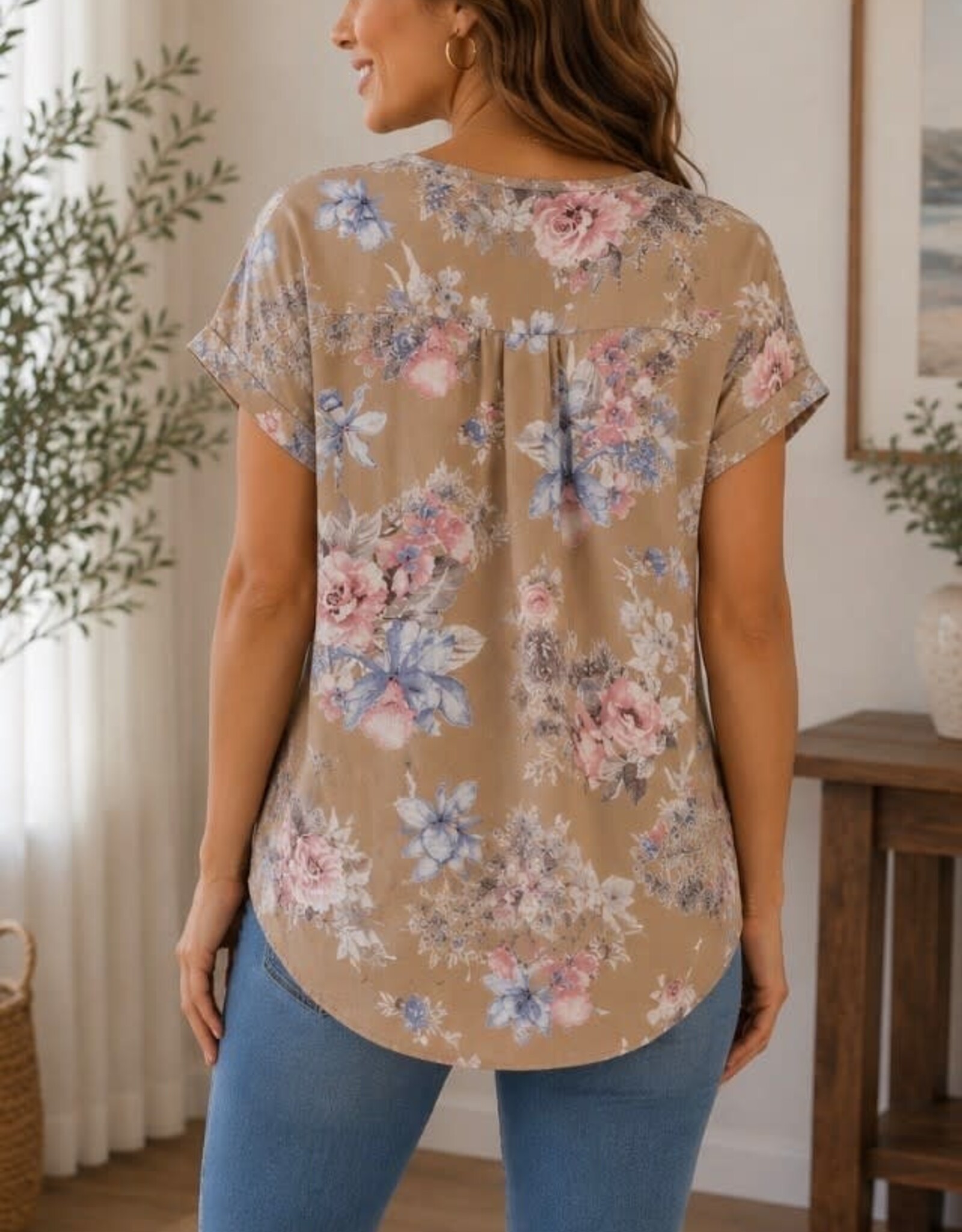 Miss Bliss CC Printed Floral SS Blouse-Taupe