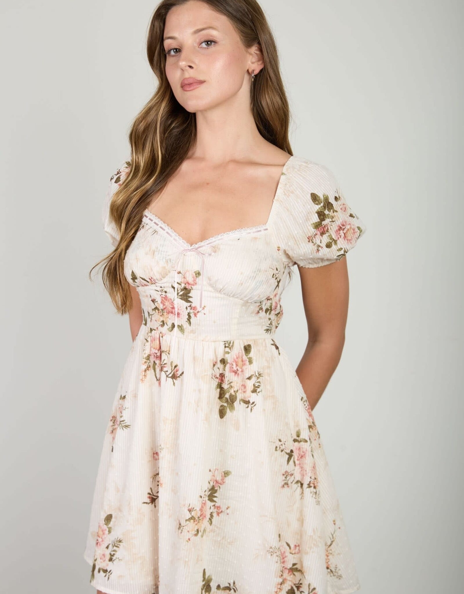 Miss Bliss Blu Floral Stripe Dot Sweetheart Corset Mini Dress-Champagne