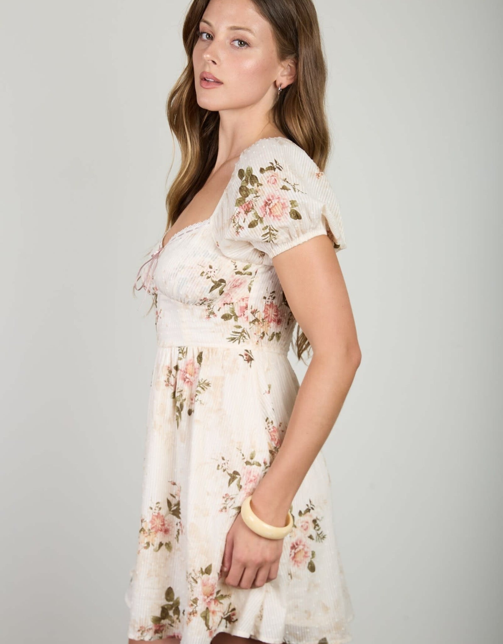 Miss Bliss Blu Floral Stripe Dot Sweetheart Corset Mini Dress-Champagne