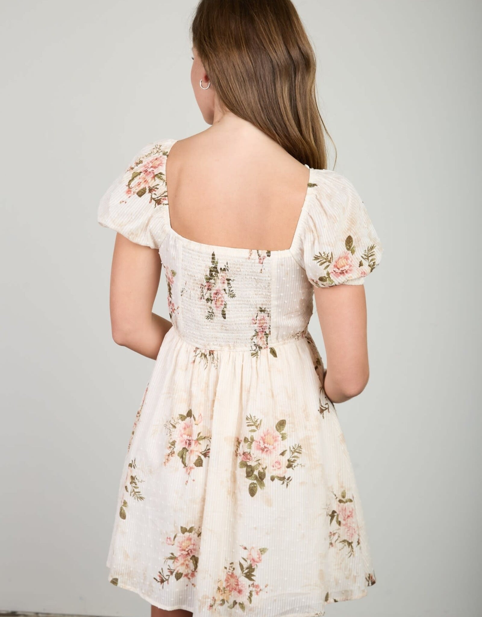 Miss Bliss Blu Floral Stripe Dot Sweetheart Corset Mini Dress-Champagne