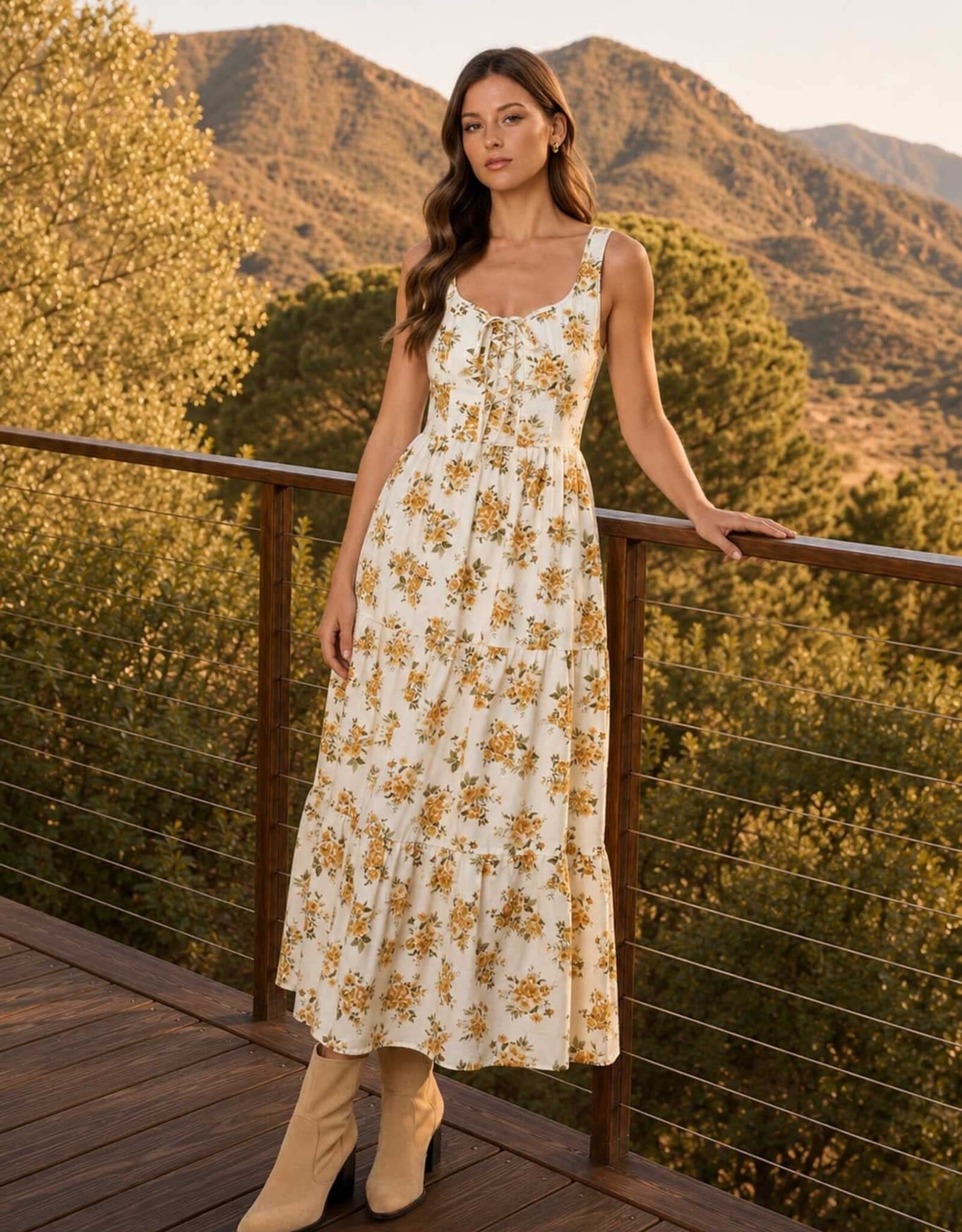 Miss Bliss Blu Floral Front Lace Corset Slvls Midi Dress-Cream