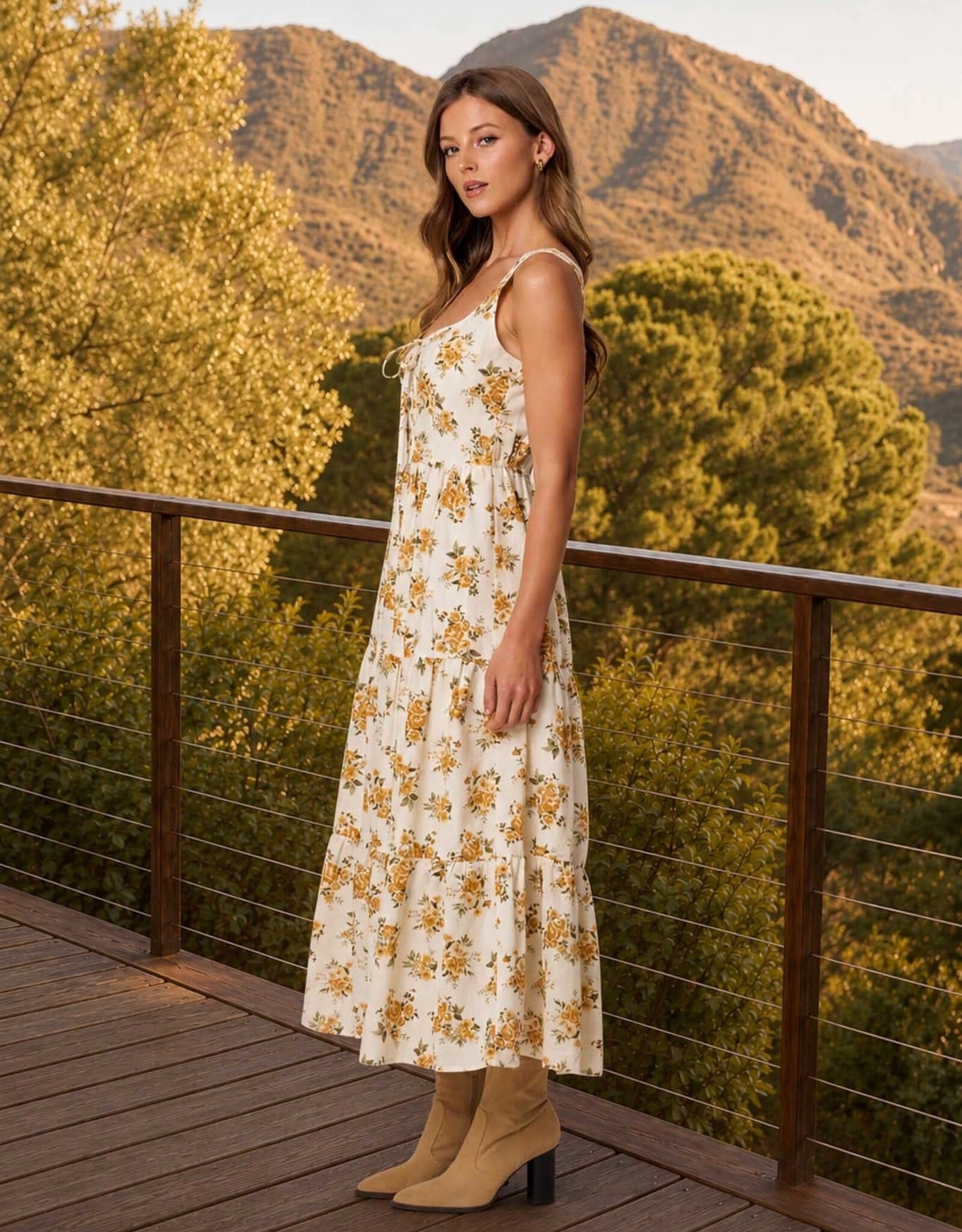 Miss Bliss Blu Floral Front Lace Corset Slvls Midi Dress-Cream